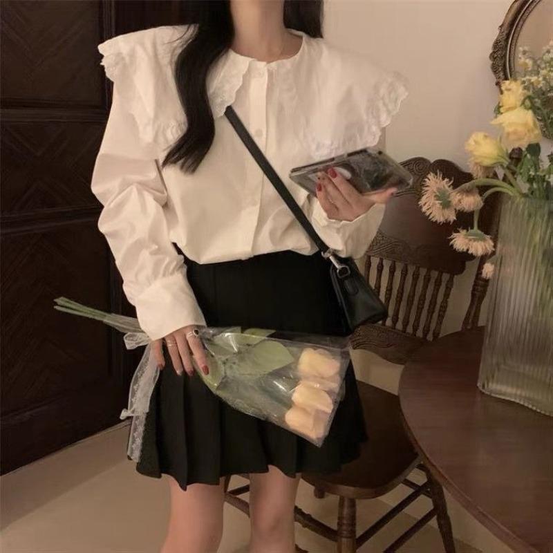 Solid Color Women's Shirt French Style Peter Pan Collar Single Breasted Female Long Sleeved Shirts Spring New Loose Sweet Ladies Front Open Top
