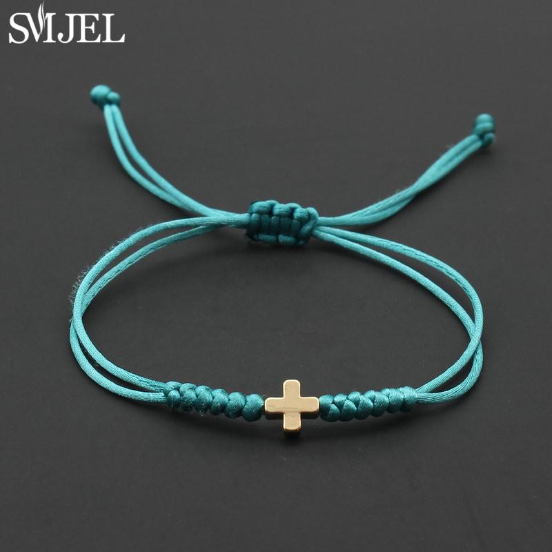 Vintage Tiny Cross Charm Handmade Adjustable Braided Bracelet for Women Lucky Black Red Rope Chain Bracelets New Year Gifts