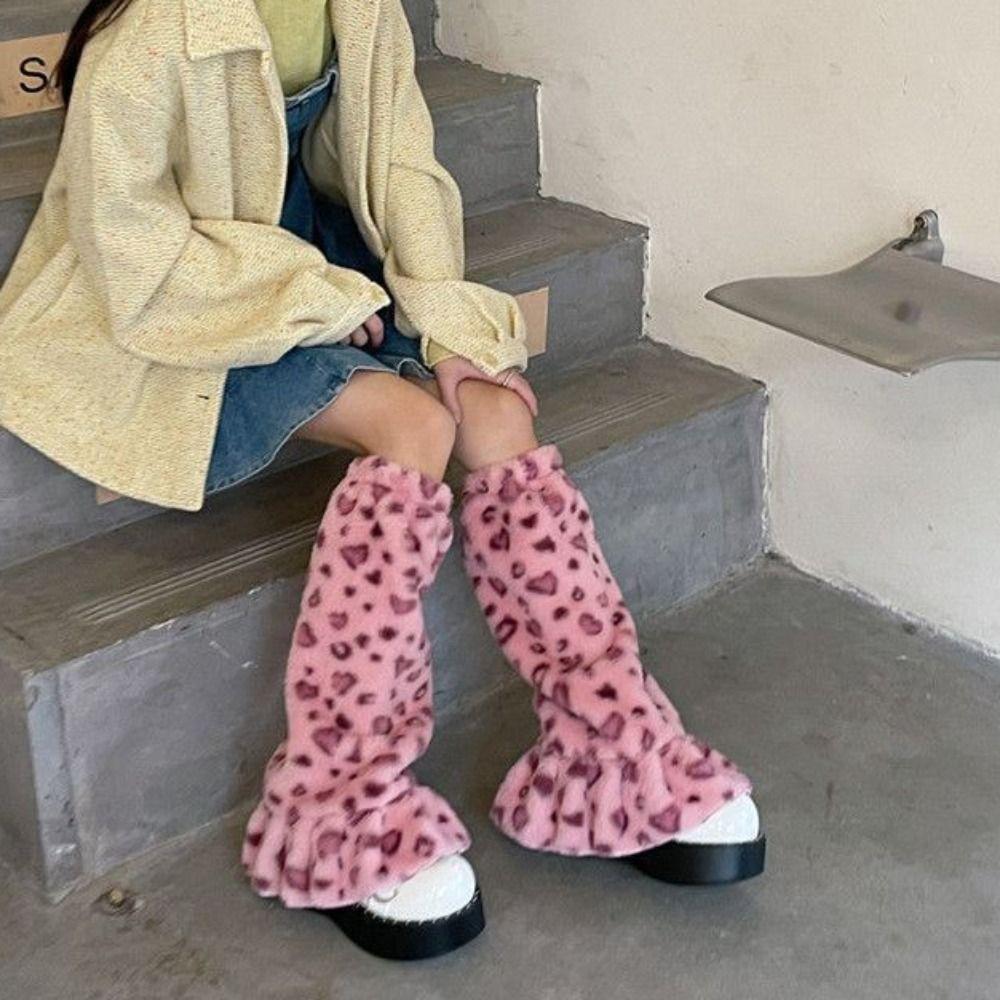 Y2K Furry Leg Warmers Leopard Print Plush Leg Coverings Vintage Winter Leg Warmers  Spicy Girls