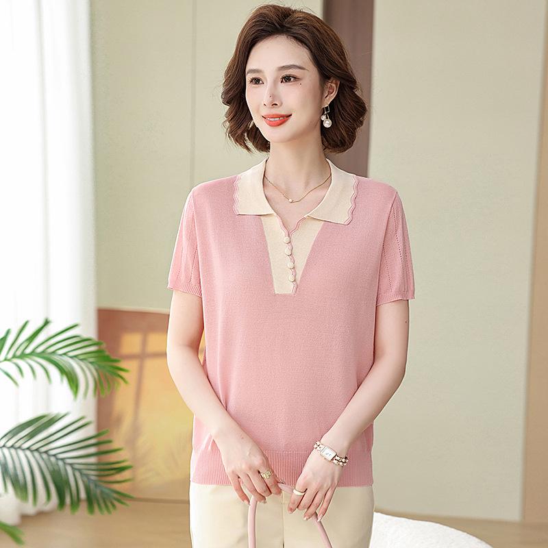 2026 Stylish Ice Silk Knit Lapel T-Shirt for Middle-Aged and Elderly Moms - Summer Short-Sleeve Top