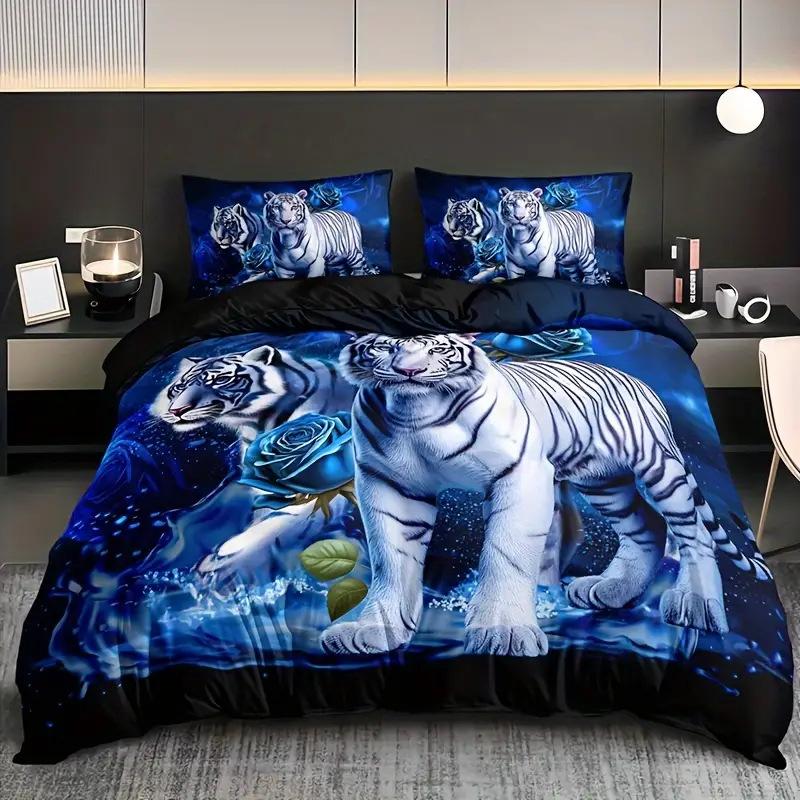 Set de Plapumă Imprimat de Înaltă Definiție Trandafir Albastru Tigru Alb Set Trei Piese Așternut Moale și Confortabil