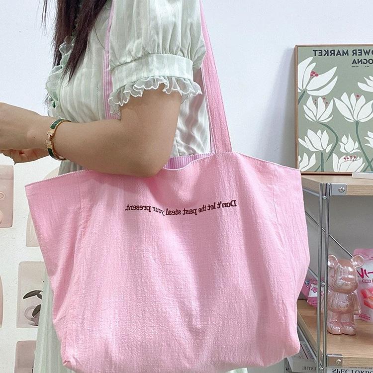 Large Capacity Letter Shoulder Bag Double Sided Back Striped Tote Bag Fashion Versatile Canvas Bag