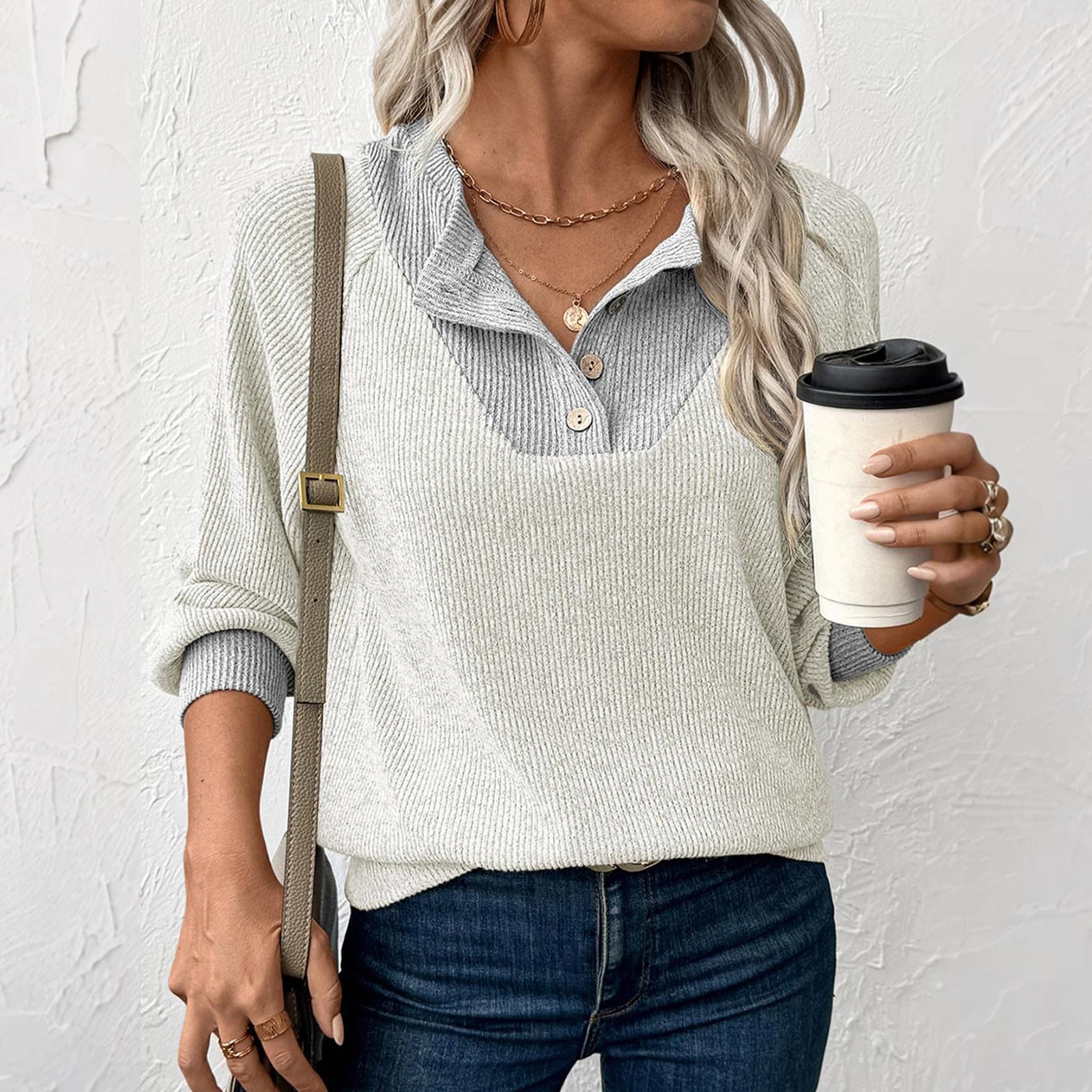 

Women s Pullover Lapel Sweatshirt Fashionable Stitching Contrast Color Top XL белый