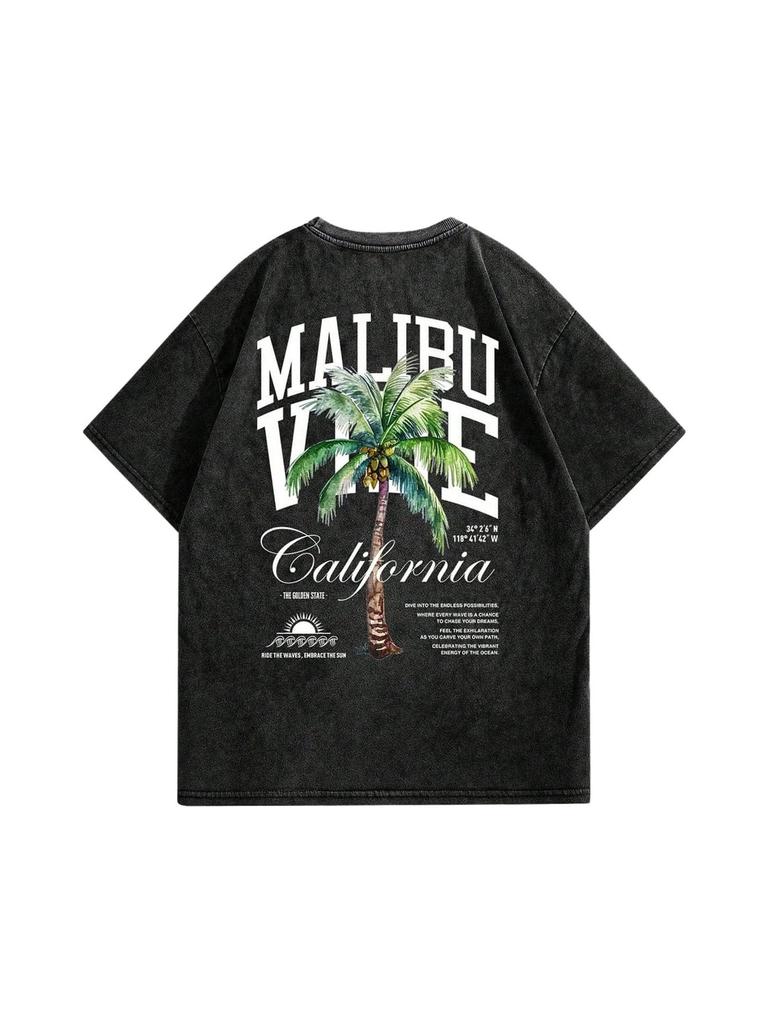 T-shirt Oversize a Maniche Corte 100% Cotone Stampa Doppia Faccia Palma di Malibu Lavata