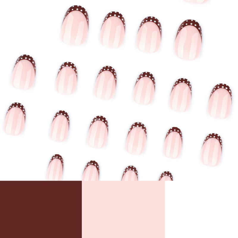 Oval Glossy Press On Nails Brown Polka Dot French Tips Nude Base Waterproof Fake Nails for Swimming Daily Use
