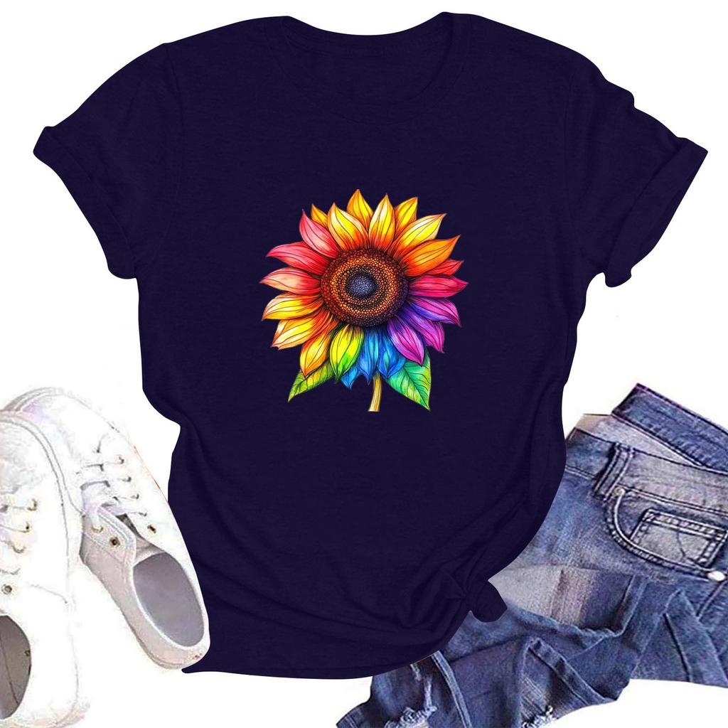 Women's Casual Loose Printed T-shirt Round Neck Pullover Short Sleeved Top