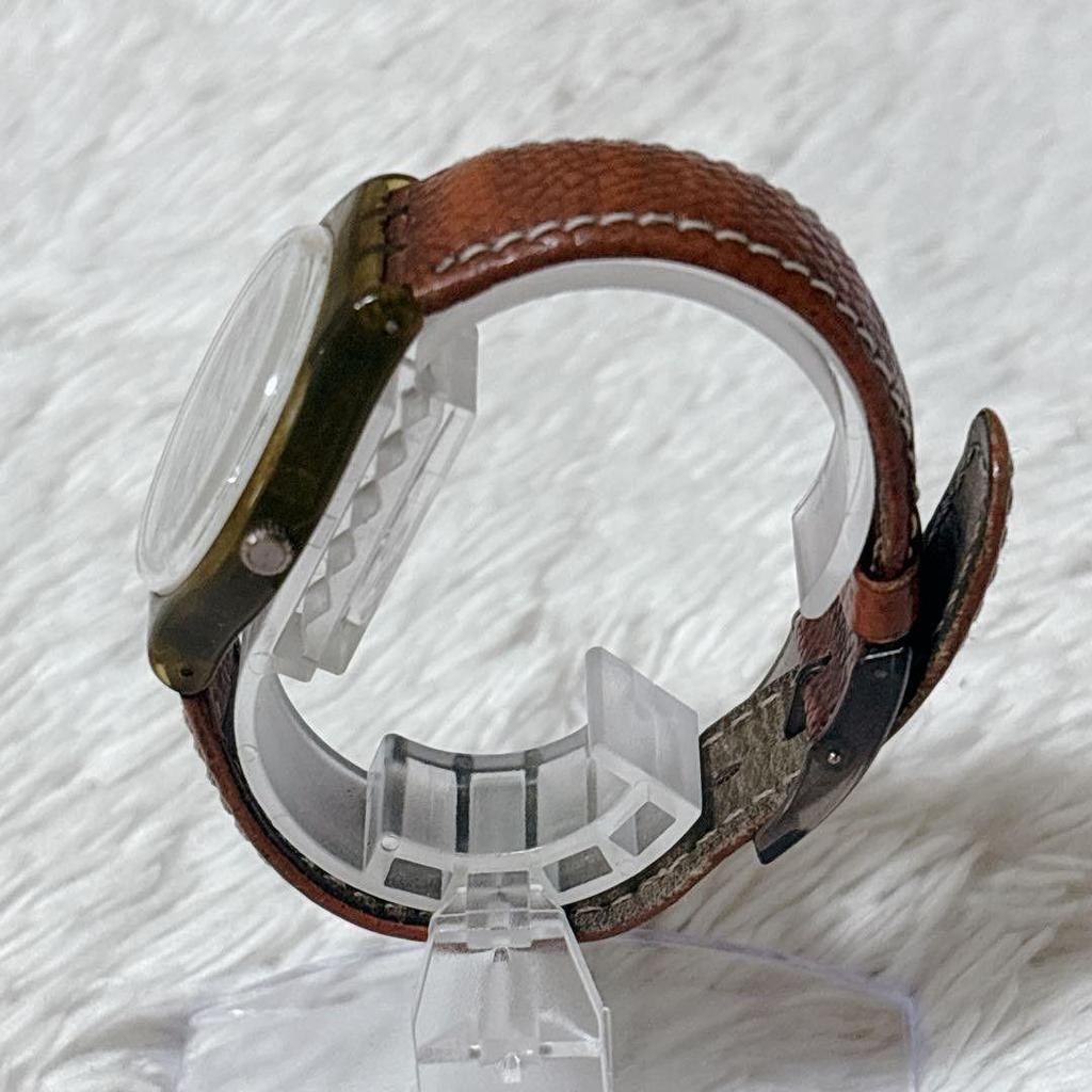 Used SWATCH Watch, Working Condition, Genuine Leather Belt, Battery Replaced, Vintage Y2K Quartz, Gold, Made in 1997