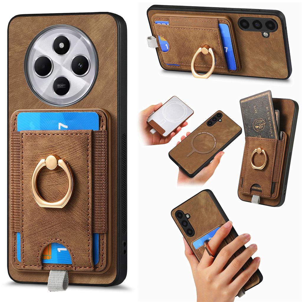 Magnetic Phone Case For Xiaomi Redmi 14C 4G/14R 5G/Poco C75 4G PU Leather Back Cover with Card Holder Ring Kickstand
