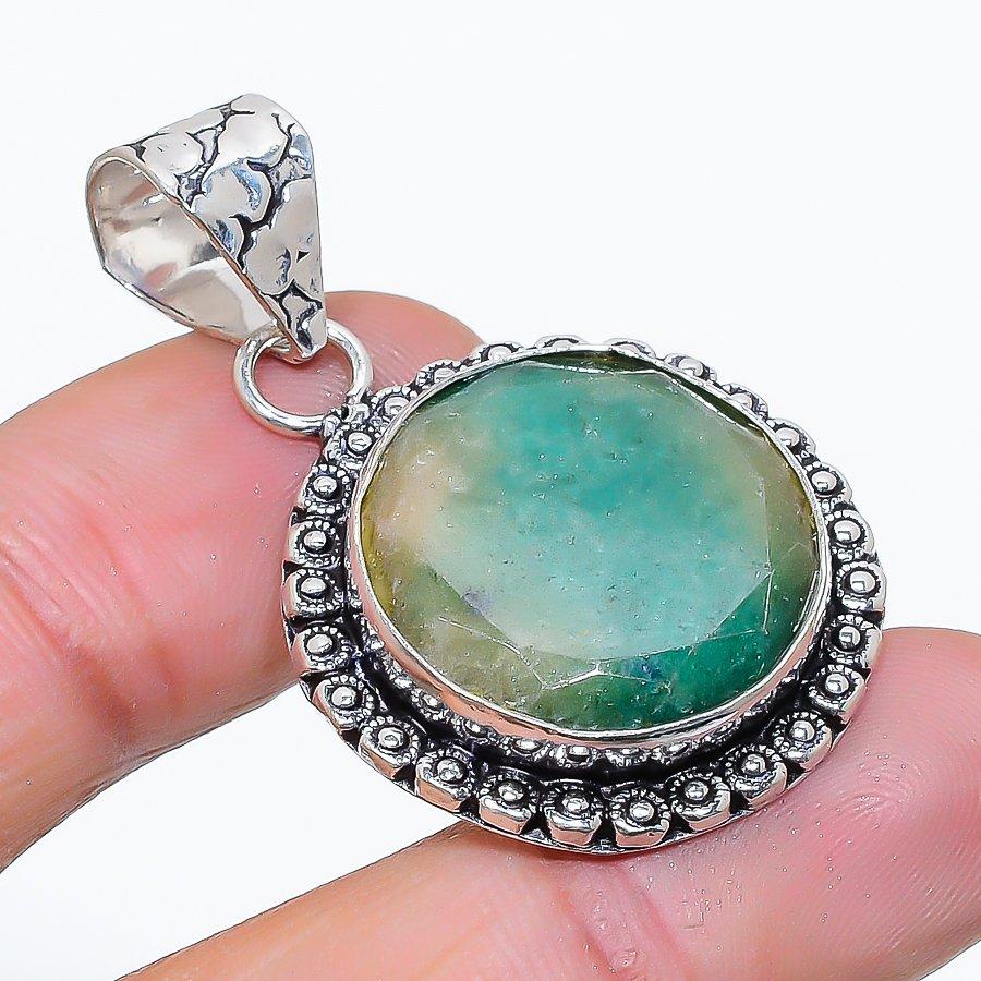 Emerald Gemstone Handmade 925 Sterling Silver Jewelry Pendant 1.62" SU-10743