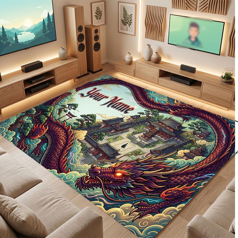 Dragon Theme Crystal Velvet Floor Rug Personalized Custom Name Text Warm Carpet Home Decoration