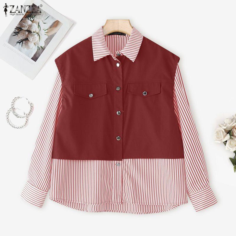 ZANZEA Women Casual Long Sleeve Stripe Print Patchwork Blouse