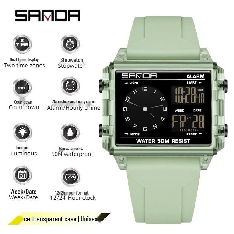 Sanda Transparent Electronic Square Watch with Large Dial for Students - Multifunctional Countdown Sports Wristwatch