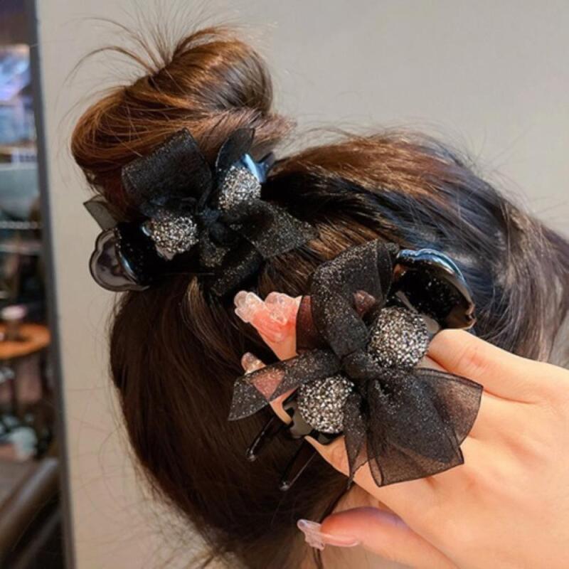 Women s Feminine Bling Bead Black Pearl Ribbon Hair Clip A29498_Black Pearl Hair Clip 1pc