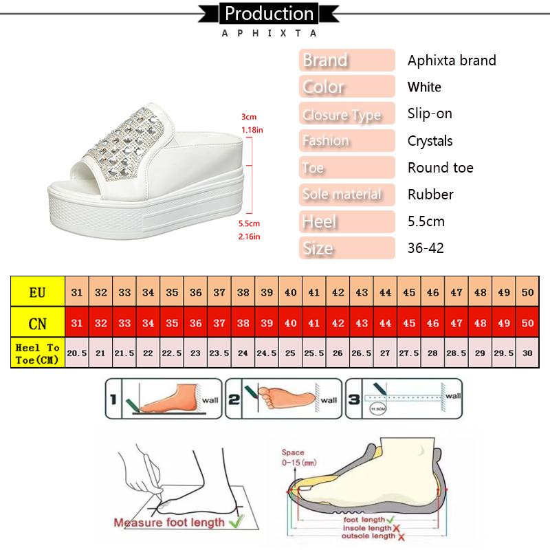Fashion Aphixta White Wedge Heels Slippers Bling Crystal Design New Woman Shoes Mulers Platform Sandals Peep Toe Slides Plus Size 42