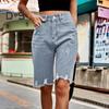 Women's High Waisted Distressed Bermuda Denim Shorts Knee Length Ripped Stretchy Jean Shorts with Pockets Frayed Hem Short Pants