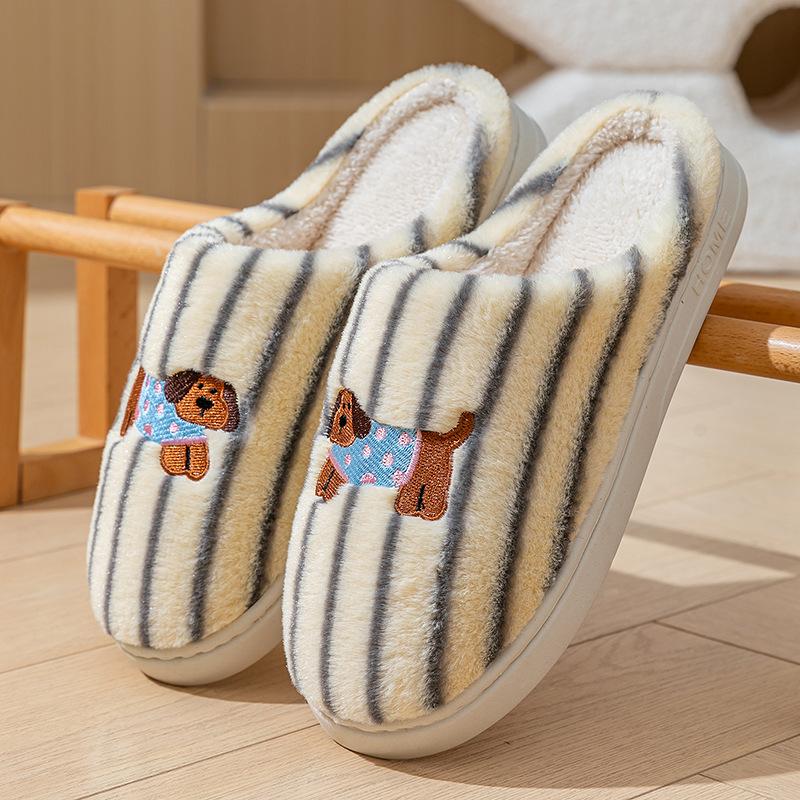 Couple autumn and winter cotton slippers striped contrasting color design home leisure non-slip warm cotton drag plush home shoes