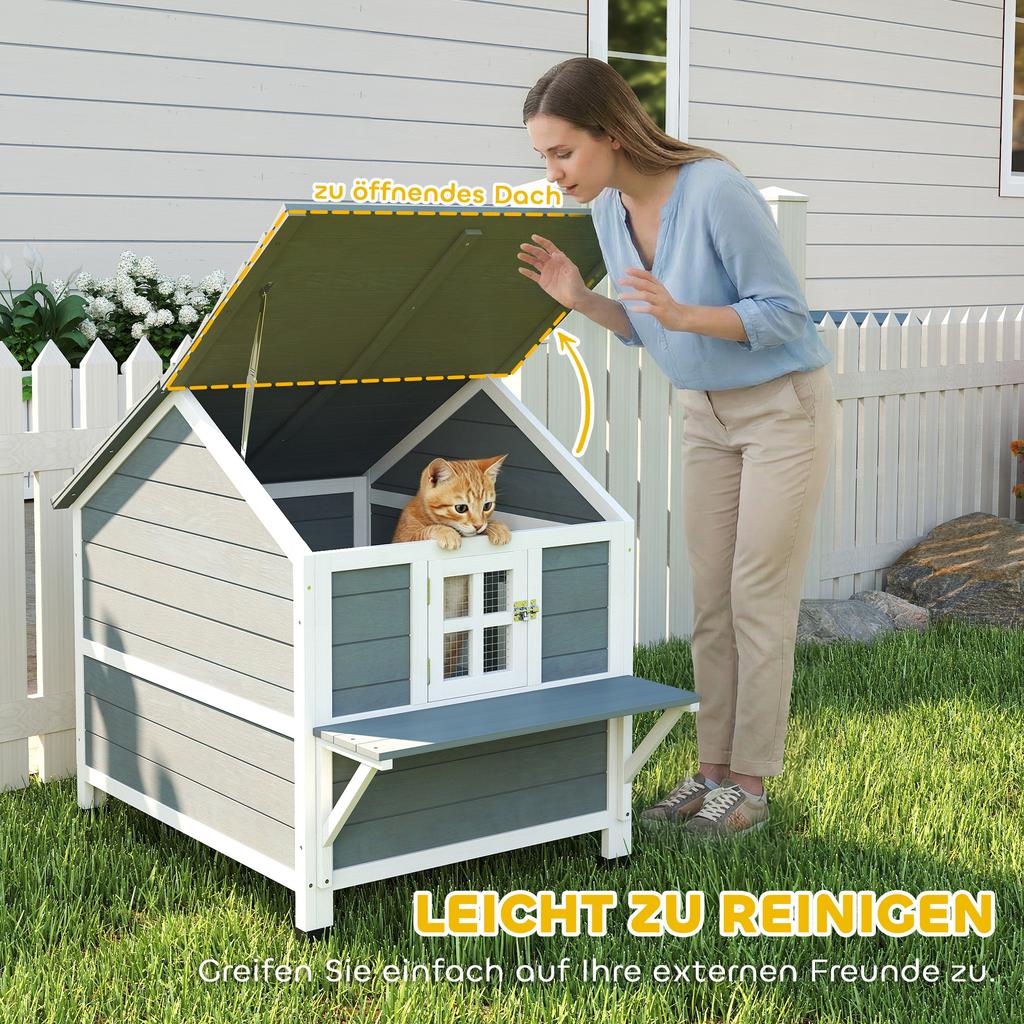 Wooden Cat House, 2-Story Cat Den with Waterproof Flip-Up Roof, Side Platform, 101x72.5x81cm, Grey