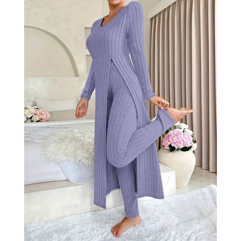 Herfst Winter Huis Casual Damespak Modieus Effen Kleur Ronde Kraag Super Lange Split Top Slimme Broek Tweedelig Pak