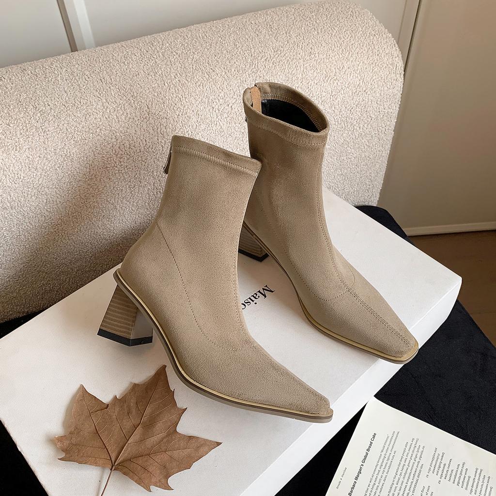 6CM Niche Fashion Simple Elastic Thin Boots 2025 Autumn and Winter New Square Head Thick Heel Rear Zipper High Heel Short Boots
