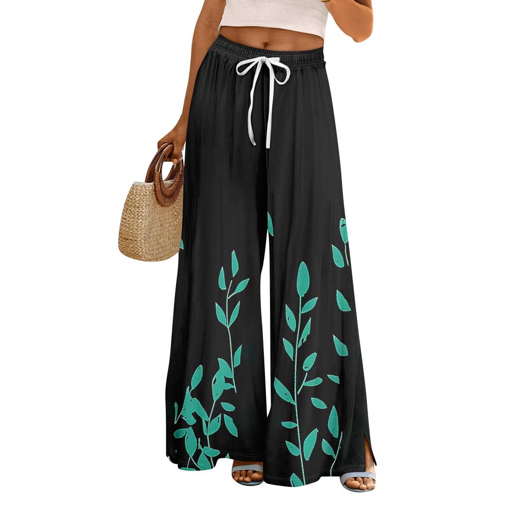 Women Summer Boho Palazzo Pants High Waist Wide Leg Printing Casual Trousers With Pockets