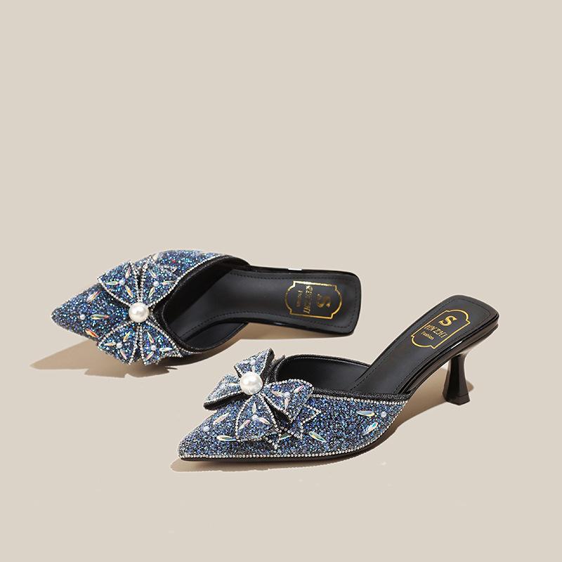 

Rhinestone bow half slippers women s wear new pointed pearl stiletto and high bag head sandals 43 чорний