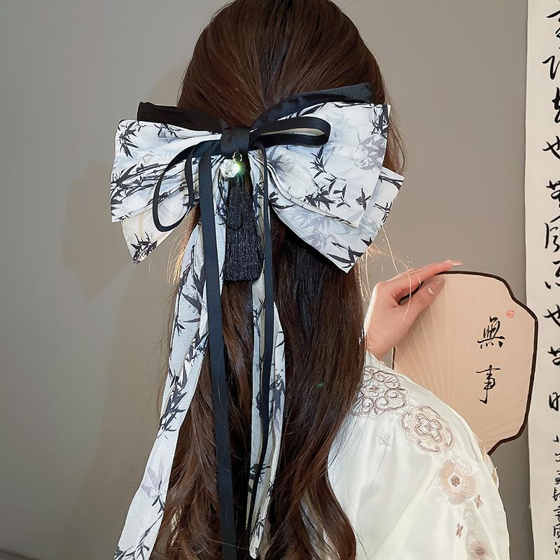 New Chinese bow ribbon hairpin niche back head disc hair shark clip grab clip Guochao high-end hair accessories women