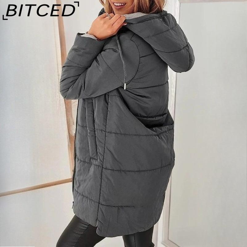 BITCED Autumn/Winter Hooded Solid-Colour Cotton Coat Long-Sleeved Slim-Fit Pocketed Longline Jacket