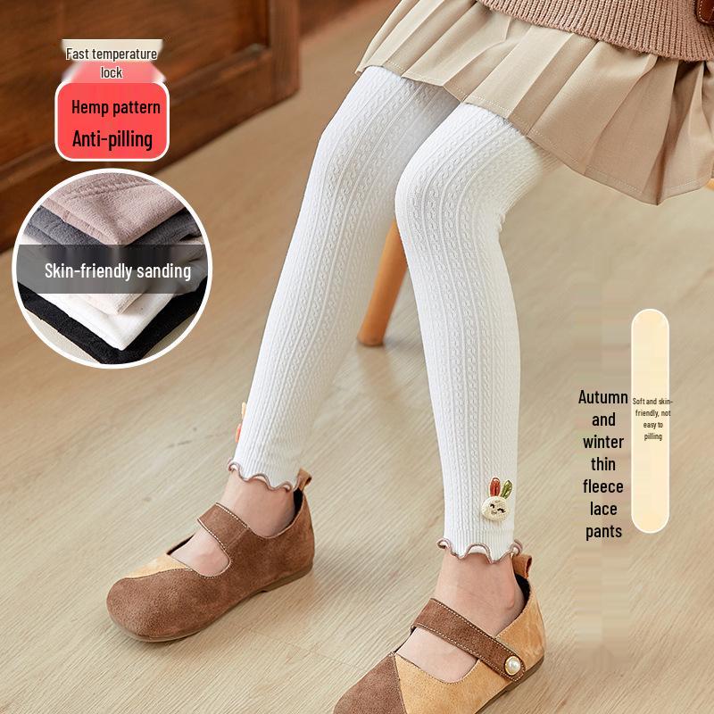 Girls' Fleece-Lined Cable Knit Leggings with Lace Trim for Autumn & Winter