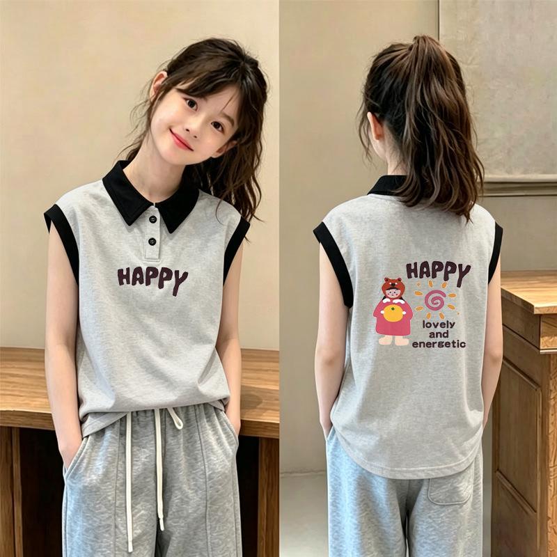 Korean Style Girls' Cotton Polo Lapel Sleeveless Vest for Ages 6-12 - Summer Loose Fit Patchwork T-shirt