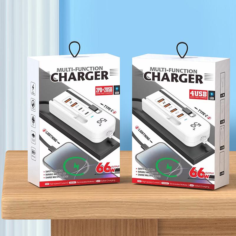 4 Port Usb Charger With Type C Socket Extension Cable Multi Port Dual Pd Fast Charging For Mobile
