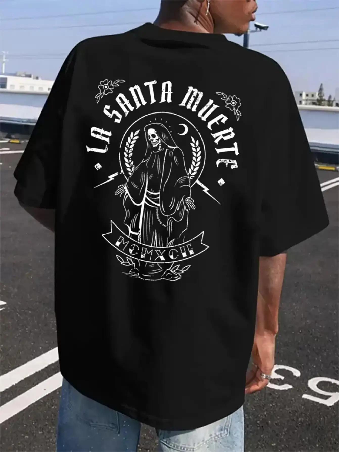 PAYEAH Men s Heavyweight 230gsm Cotton T-Shirt - La Santa Muerte Gothic Mexican Day of the Dead Print Tee XXL