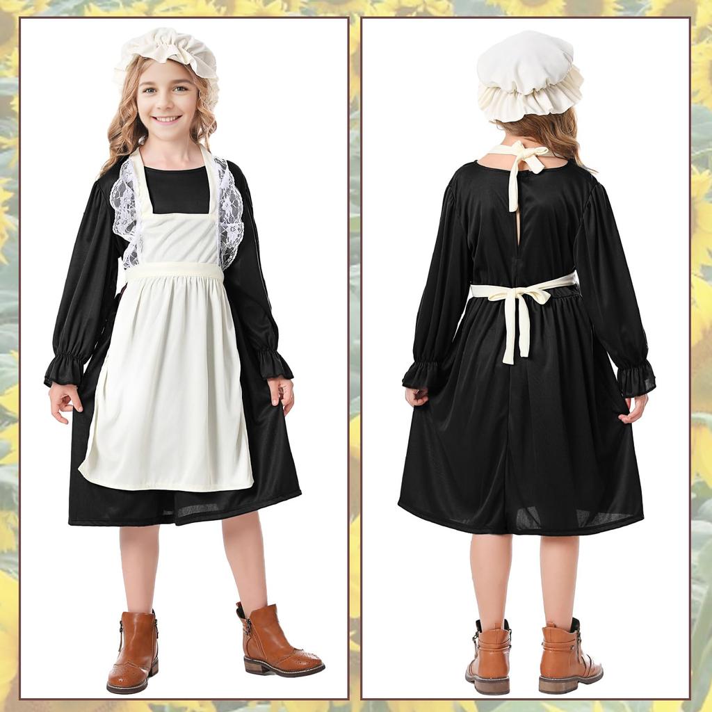 HarnyLoom Britisch-Stil Dienstmädchen Kostüm für Kinder, Halloween Cosplay, Langarmkleid für Mädchen, Niedliches Lolita Kostüm, Perfekt für Halloween-Partys,