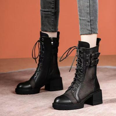 Fashion Mesh Breathable Women's 2025 Summer New Fashion Baotou Mid-tube Cool Boots Lace-up Hollow Mesh Boots