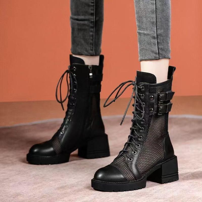 Fashion Mesh Breathable Women's 2025 Summer New Fashion Baotou Mid-tube Cool Boots Lace-up Hollow Mesh Boots