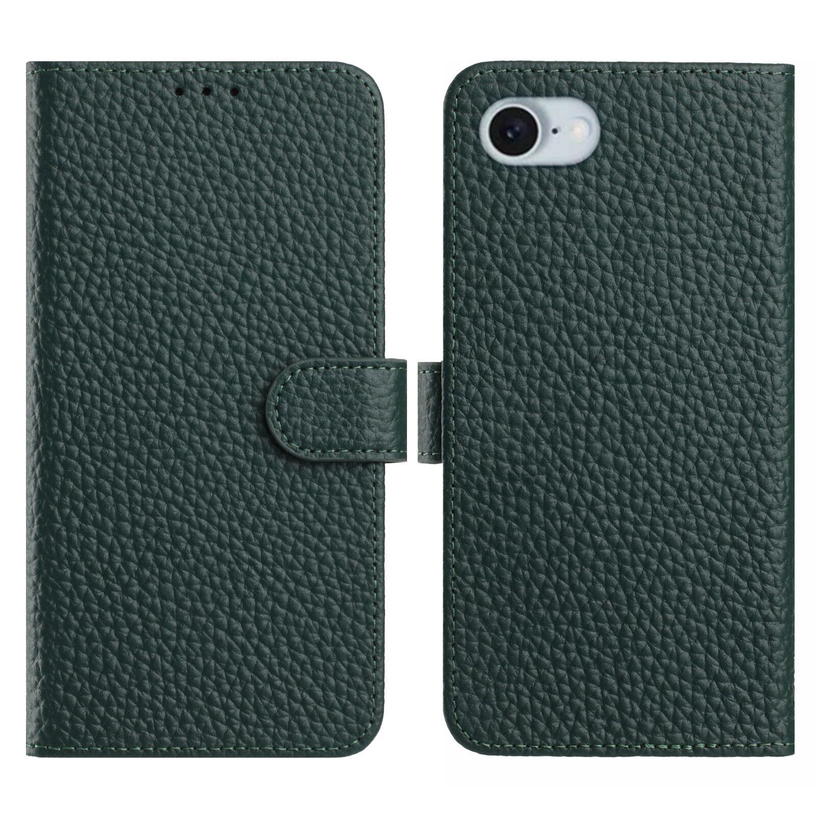 

For iPhone 16e Case Wallet Stand Litchi Texture Genuine Cow Leather Flip Phone Cover Green