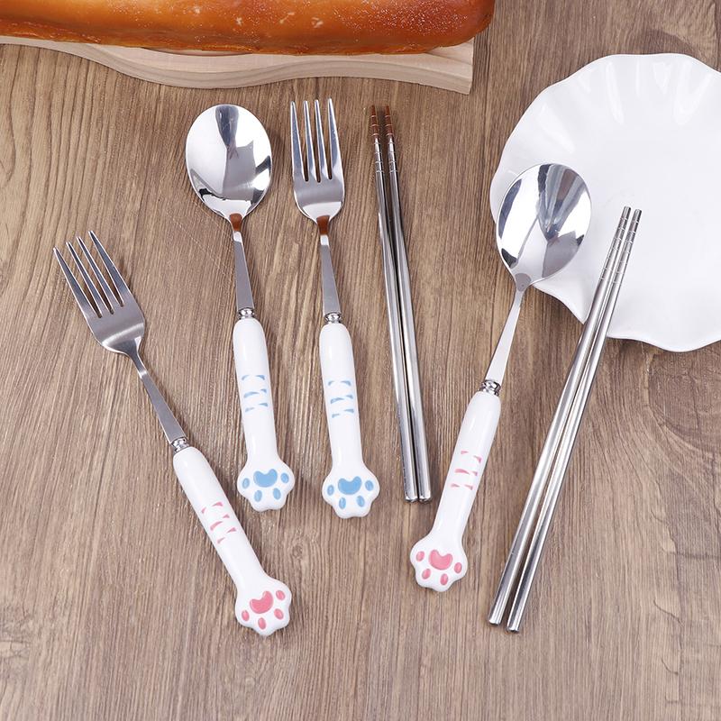Cartoon Cat Claw Stainless Steel Spoon And Fork Set Spoon Chopstick Cutlery Student Outdoor Camping Portable Kitchen Accessories