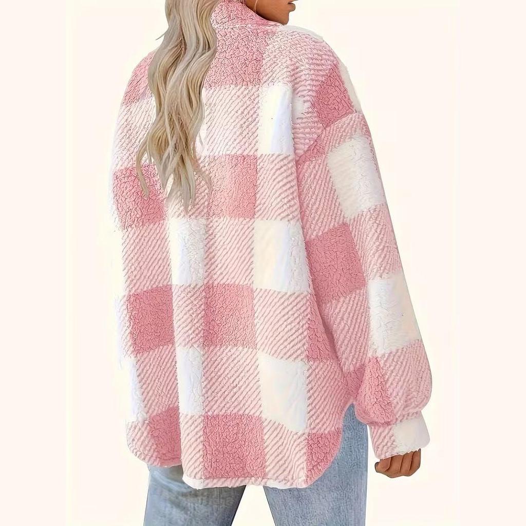 2026 New Elegant Fleece Coat with Pockets Minimalist Plaid Button-Down Jacket for Women