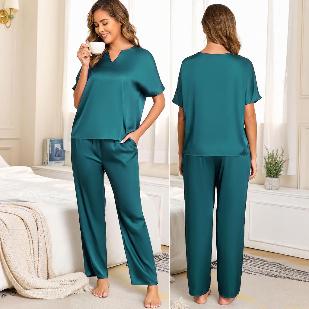 Damska piżama Imitacja jedwabiu 2 częściowe stroje do spania Krótki rękaw V-neck Koszulki Długie spodnie Luksusowy satynowy Wiosna Lato Nocne do spania do wypoczynku