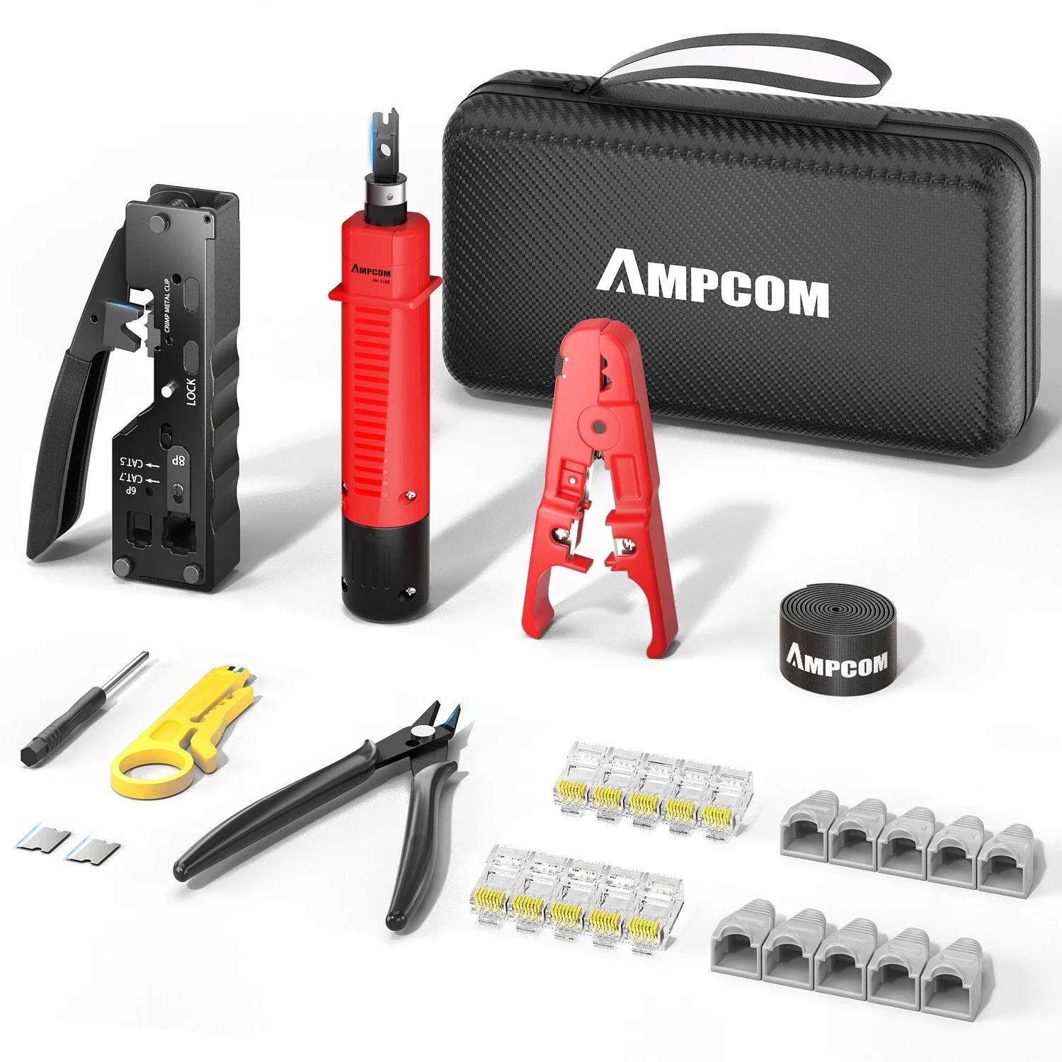AMPCOM RJ45 Pass Through Crimping Network Tool Kit for Cat5e Cat6 Cat7 with Network Crimper/Punch Down Tool/TEL/LAN Cable Tester