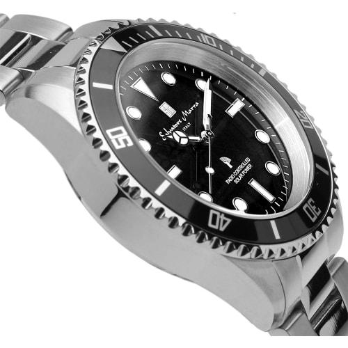 Salvatore Marra Men's Watch, Radio-Controlled Solar Watch, Unidirectional Rotating Bezel, 10 ATM Water Resistance, Italian Brand, Silver and Black, SM