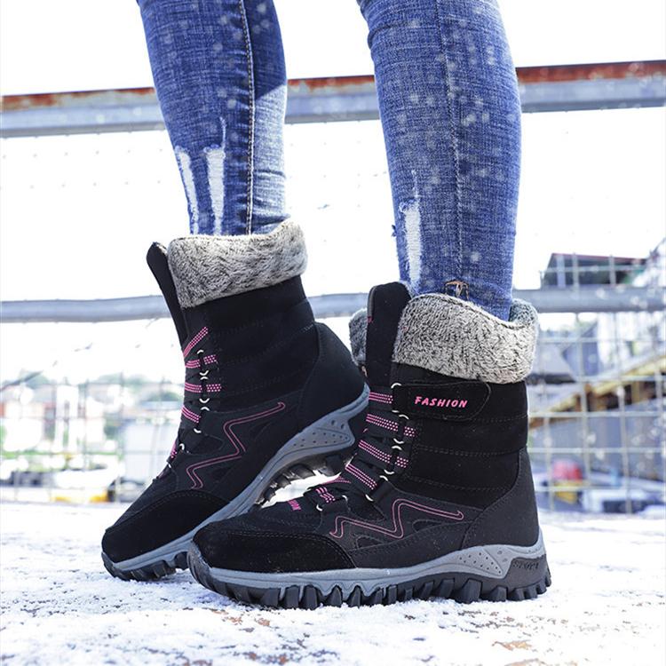 Women Winter Velvet Plus PU Snow Boots Casual Suede Medium Warm High Top Cotton Shoes Large Antiskid Solid Color Lace Up Rope