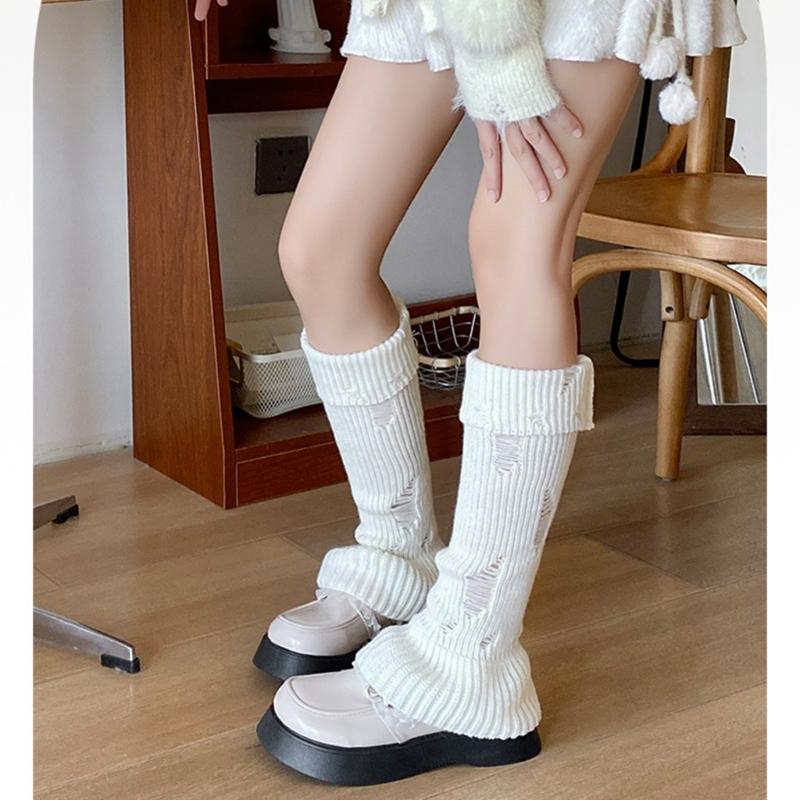 Polainas de Punto Acanalado Harajuku Huecas Desgastadas Agujeros Rasgados Cubre Piernas de Pierna Ancha Calcetines Largos Elásticos Acampanados para Mujer