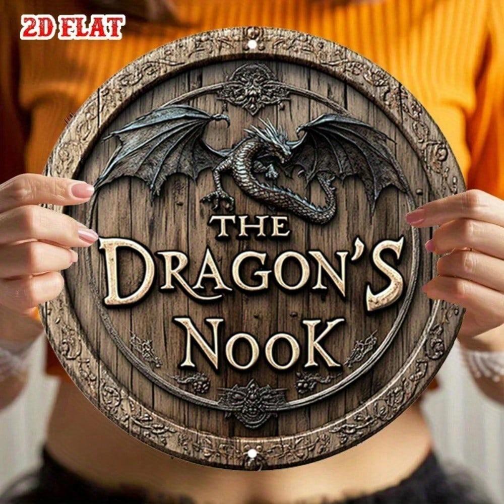 Round Fantasy Dragon Floral 2D Metal Tin Wall Sign for Home Decor