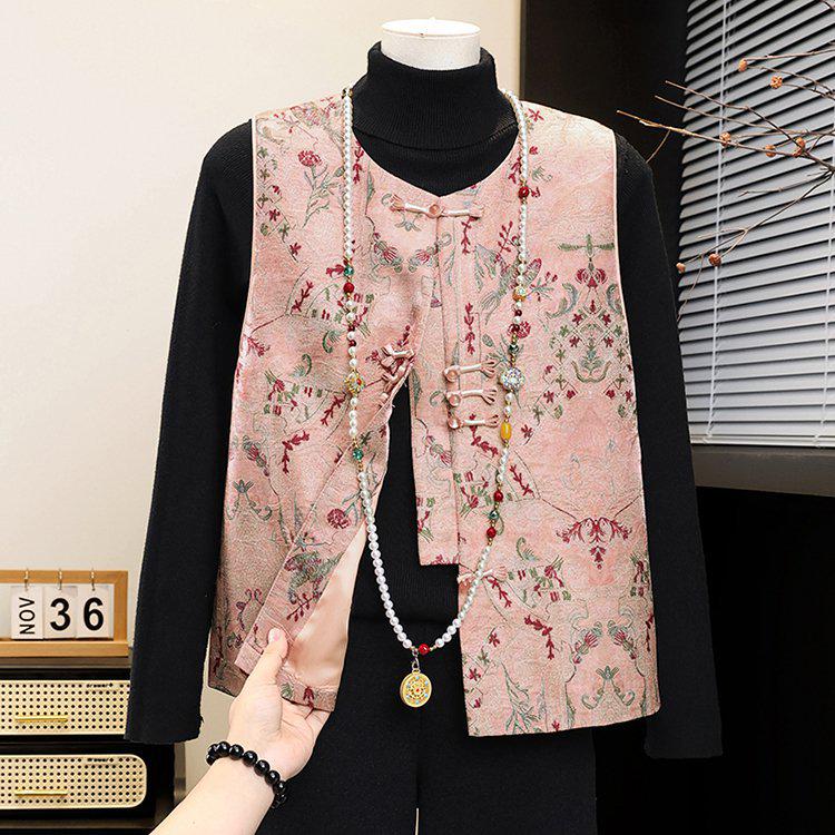 Spring Chinese Style Printed Sleeveless Vest for Middle-Aged Women - Early Spring Outerwear Jacket 2XL розовый
