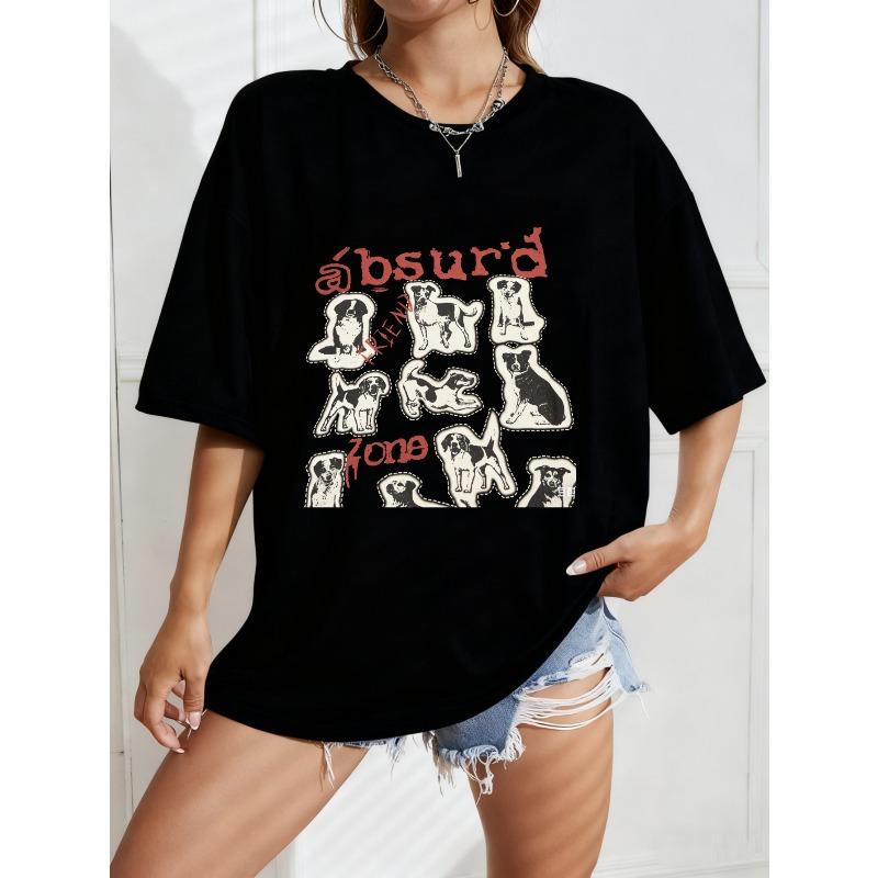 

White Oversized T-Shirt With Dog Pattern And Absurd Text Print For Casual Wear XXXXL чорний