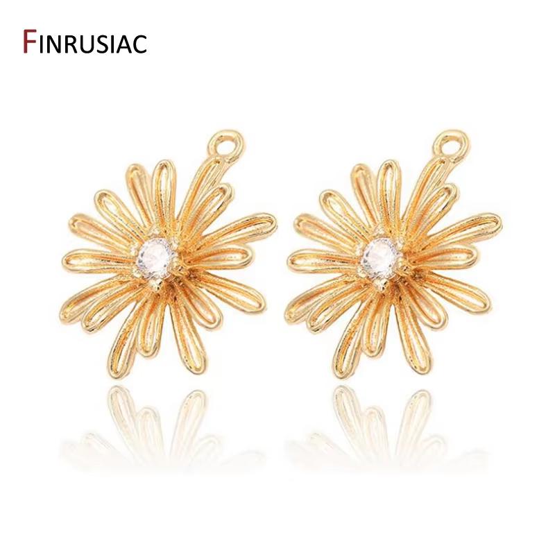 

14K Gold Plated Brass Inlaid Zircon Flower Charms Pendants For Jewelry Making DIY Drop Earrings Necklaces Bracelets Accessories 4 pieces
