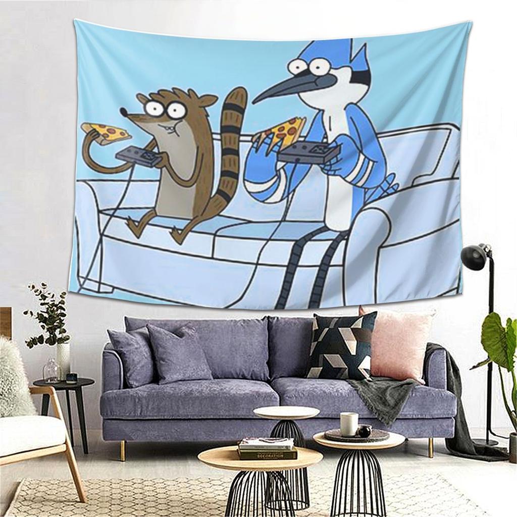 Mordecai And Rigby Pizza And Video Games Tapestry Wall Hanging Aesthetic Home Decoration Tapestries for Living Room Bedroom