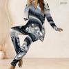 Women Plus Size Two Piece Pants Set Half Zip Long Sleeve Black Gold Printed Longline Top Fitted Pants