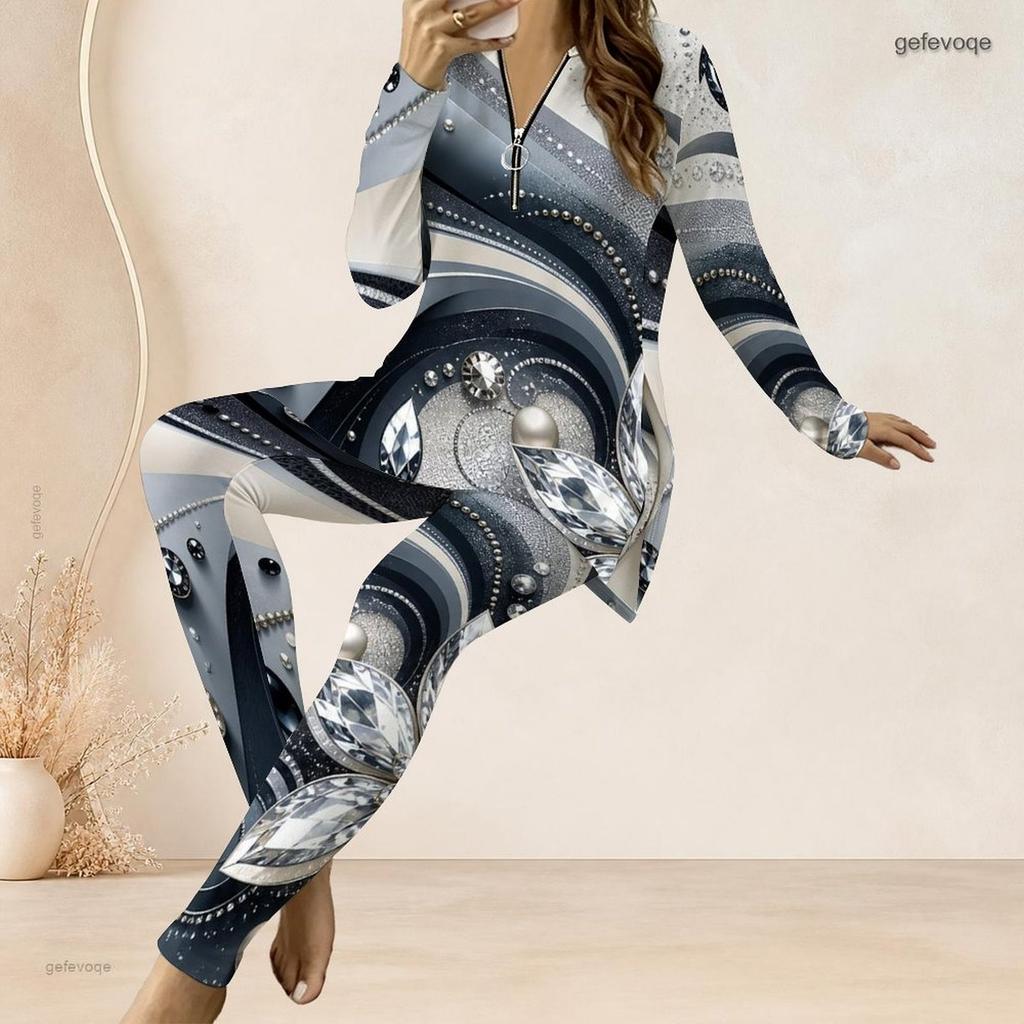Women Plus Size Two Piece Pants Set Half Zip Long Sleeve Black Gold Printed Longline Top Fitted Pants