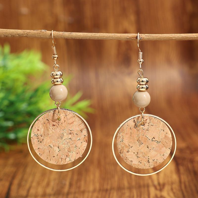 

Vintage Wood Texture Round Disc Earrings Niche Design Cork Splice Dangle Earrings For Women Fashion Jewelry